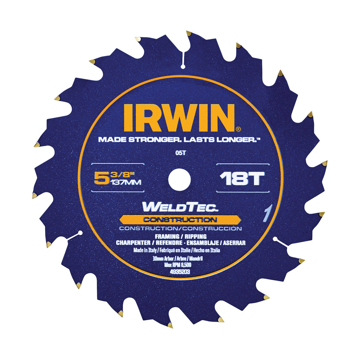 IRWIN MARATHON 4935203 Circular Saw Blade, 5-3/8 in Dia, 0.39 in Arbor, 18-Teeth, Carbide Cutting Edge