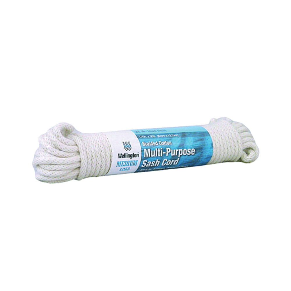 Wellington A3016H0050H10 Sash Cord, 1/4 in Dia, 50 ft L, #8, 28 lb Working Load, Cotton, Natural White