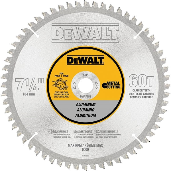 DeWALT DWA7758 Circular Saw Blade, 7-1/4 in Dia, 5/8 in Arbor, 60-Teeth, Carbide Cutting Edge