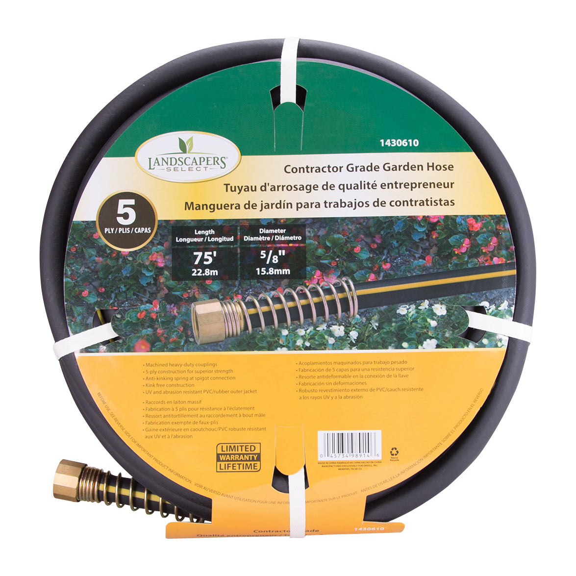 Landscapers Select GH-585093L Garden Hose, 75 ft L, Female x Male, PVC/Rubber, Black/Yellow
