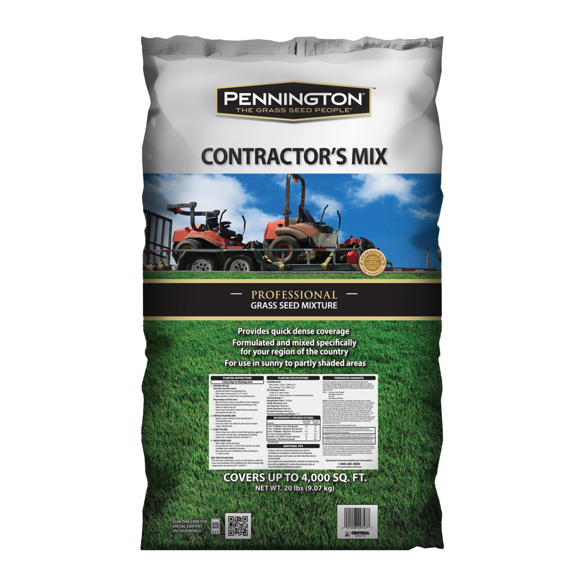 Pennington 100520605 Contractors Mix Grass Seed, 20 lb