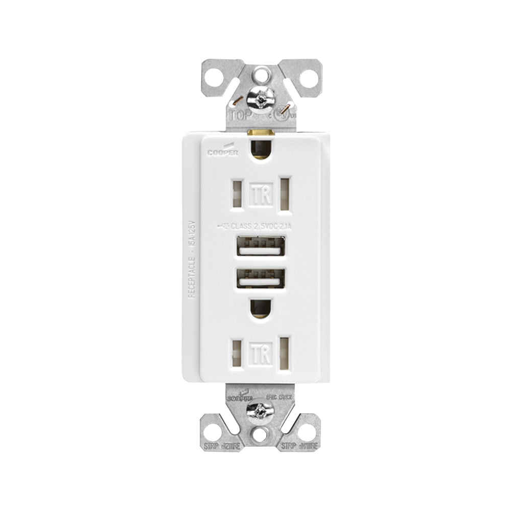 Arrow Hart TR7755W-K Combination USB Receptacle, 2 -Pole, 3.1 A USB, 15 A Receptacle, 125 VAC Receptacle, 5 VDC USB