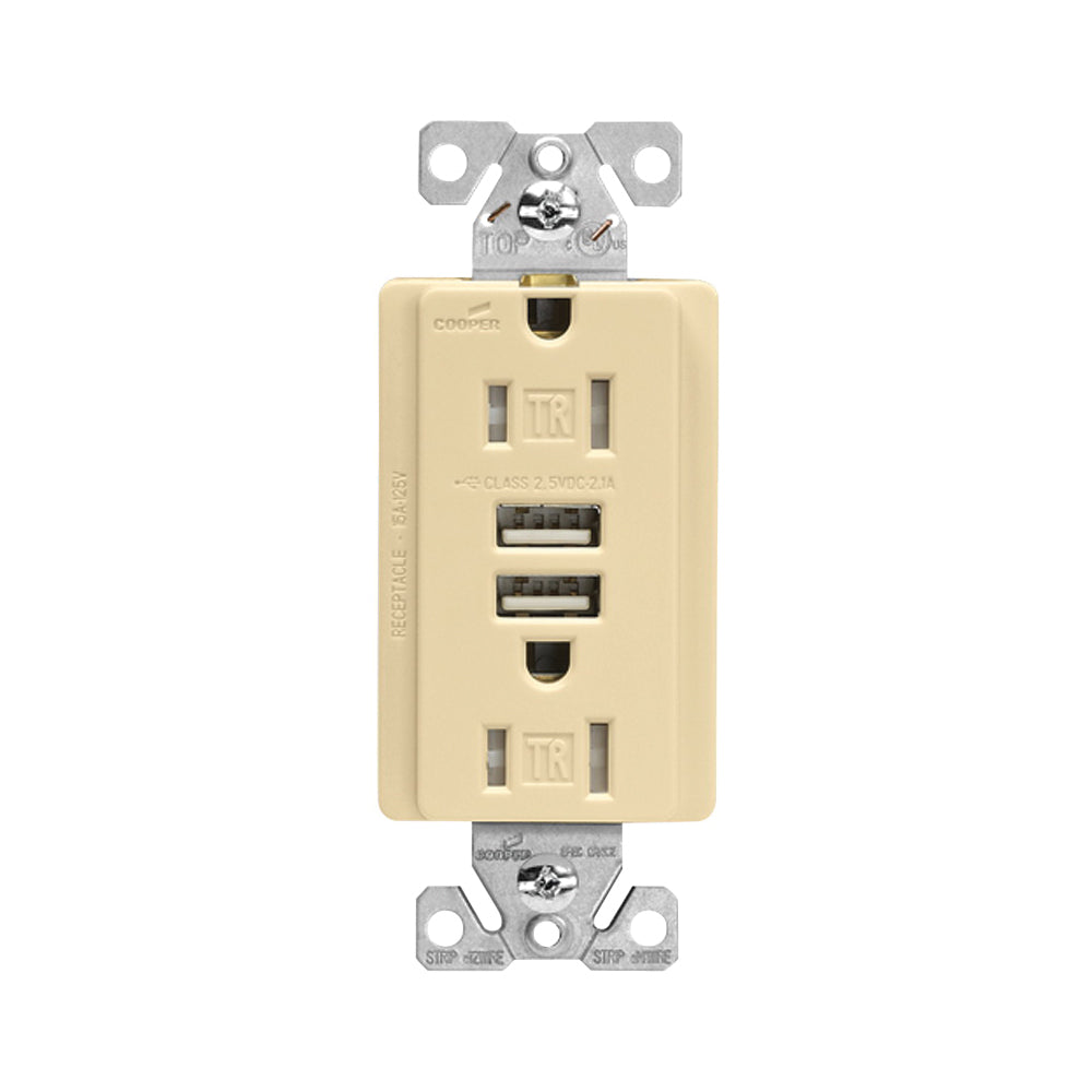 Arrow Hart TR7755V-K/TR7745V Combination USB Receptacle, 2 -Pole, 3.1 A USB, 15 A Receptacle, 2 -USB Port, Ivory