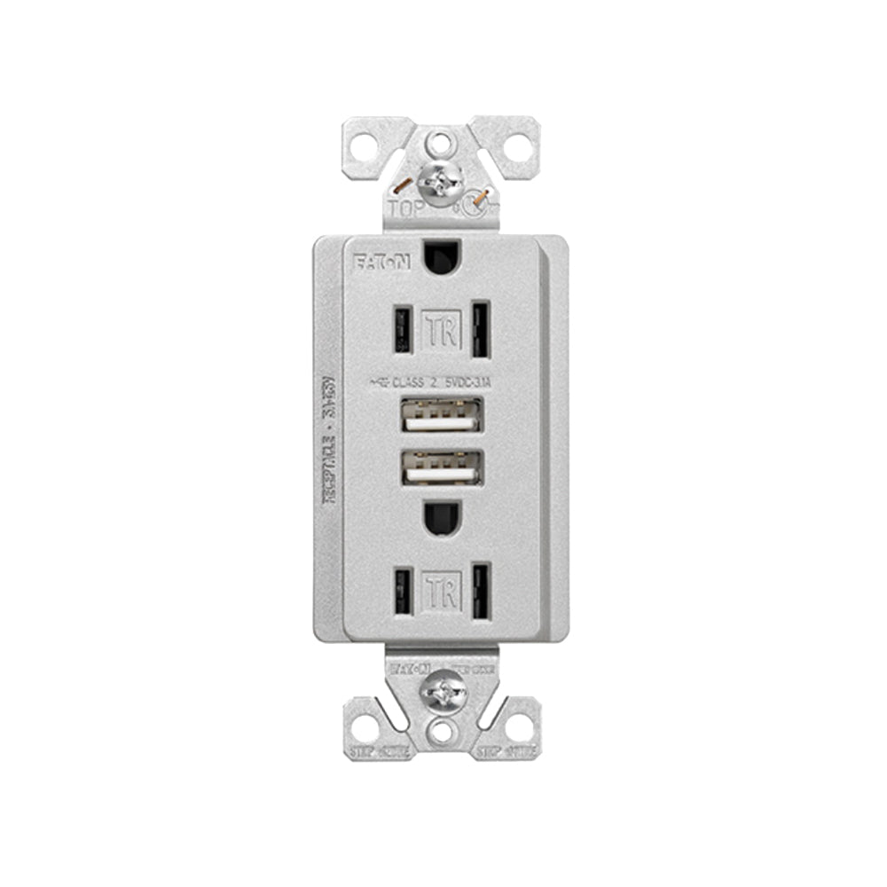 Arrow Hart TR7755SG-K-L Combination USB Receptacle, 2 -Pole, 3.1 A USB, 15 A Receptacle, 2 -USB Port, Silver Granite