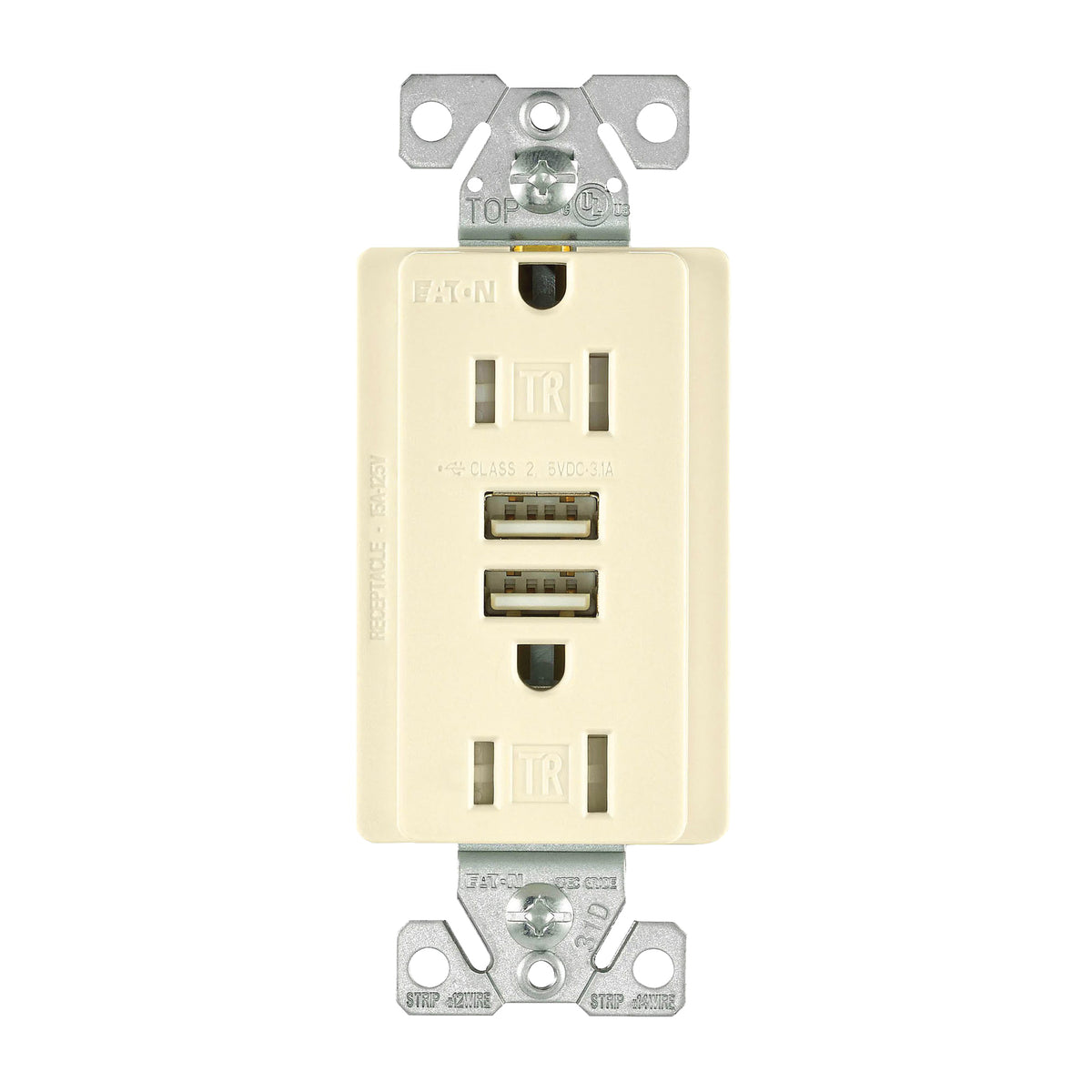 Arrow Hart TR7755LA-K Combination USB Receptacle, 2 -Pole, 3.1 A USB, 15 A Receptacle, 125 VAC Receptacle, 5 VDC USB