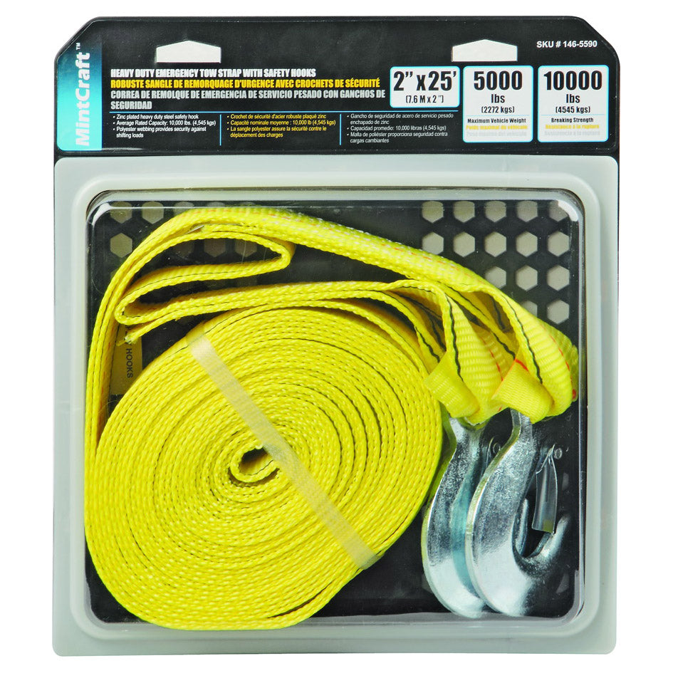 ProSource FH64062-1 Emergency Tow Strap, 10,000 lb, 2 in W, 25 ft L, Hook End, Polyester Webbing, Steel Hook