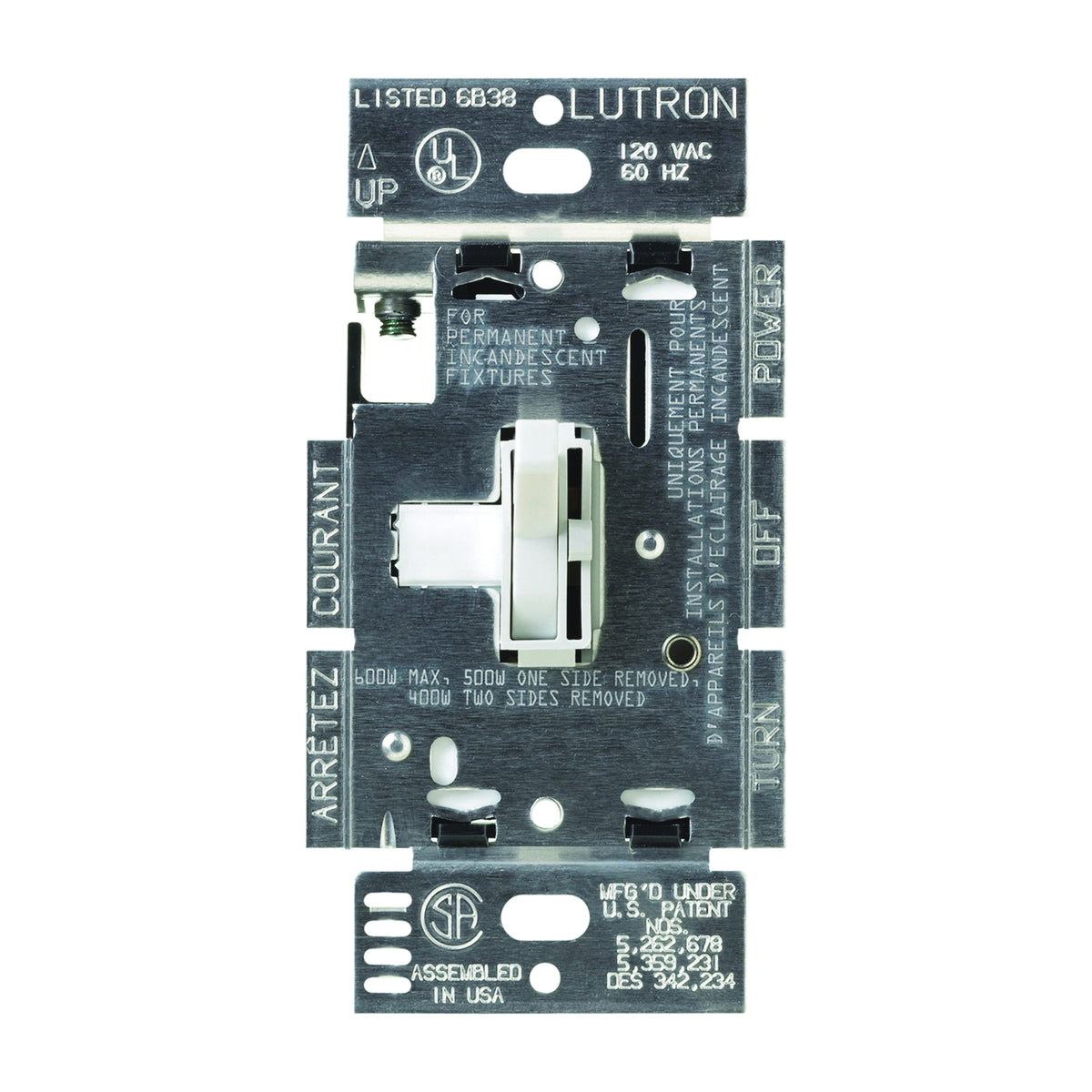 Lutron Ariadni TG-603PGH-WH Dimmer, 5 A, 120 V, 600 W, Incandescent Lamp, 3-Way, White