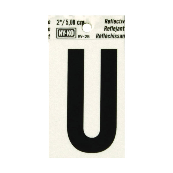 HY-KO RV-25/U Reflective Letter, Character: U, 2 in H Character, Black Character, Silver Background, Vinyl
