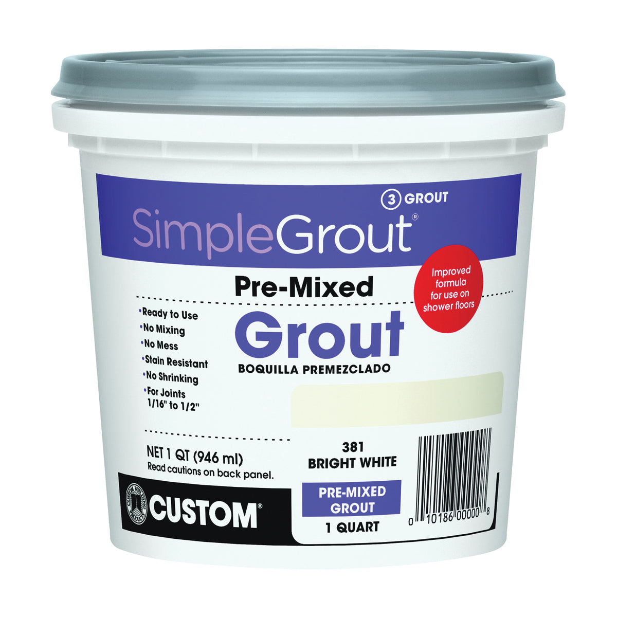 CUSTOM PMG381QT Tile Grout, Paste, Characteristic, Bright White, 1 qt Pail