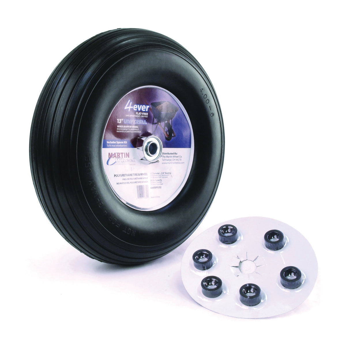 MARTIN WHEEL 406RBPU32 Wheelbarrow Wheel with Universal Hub, 4 x 6 in Tire, 13 in Dia Tire, Ribbed Tread