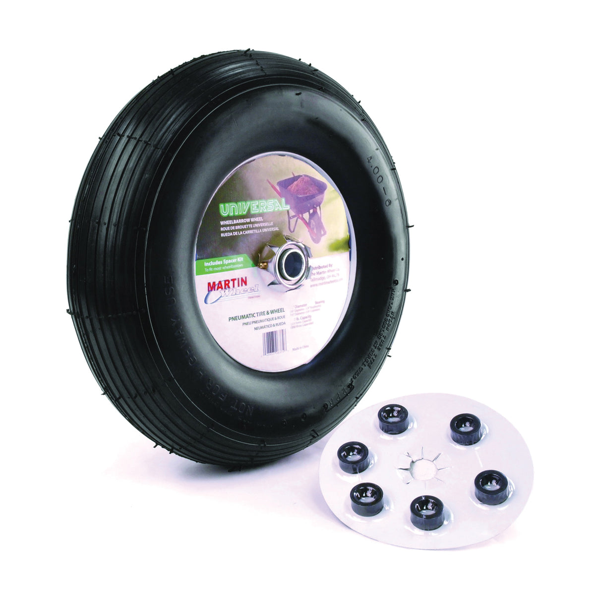 MARTIN WHEEL 406TTRIB32 Wheelbarrow Wheel with Universal Hub, 4 x 6 in Tire, 13 in Dia Tire, Ribbed Tread