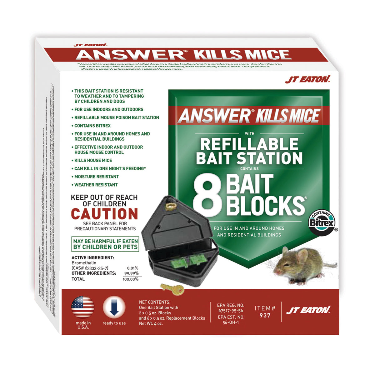 J.T. EATON Answer 937 Mouse Killer with Reusable Bait Station, 1 oz Bait, Green