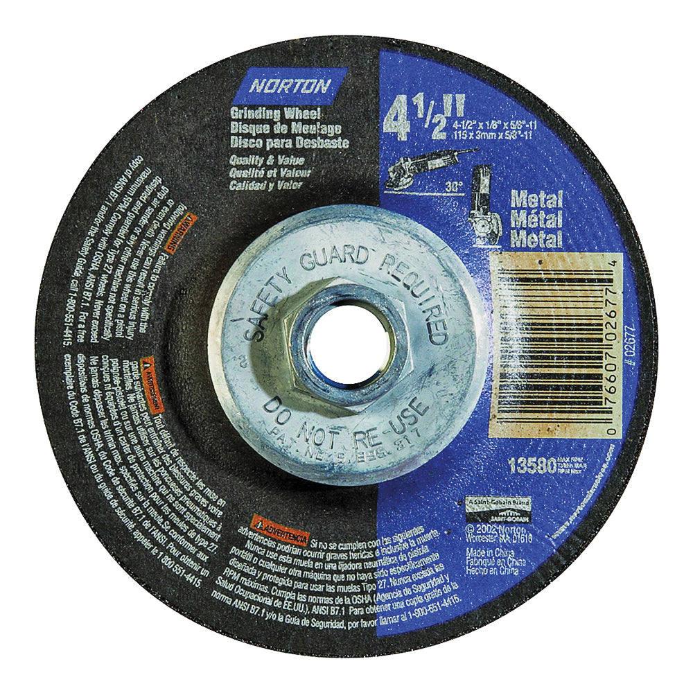 NORTON 66252843609 Grinding Wheel, 4-1/2 in Dia, 1/8 in Thick, 5/8-11 in Arbor, 24 Grit, Extra Coarse