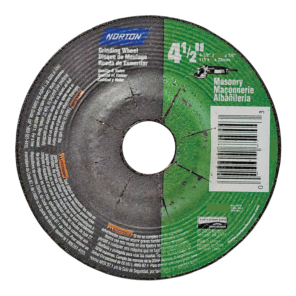 NORTON 66252843599 Grinding Wheel, 4-1/2 in Dia, 1/4 in Thick, 5/8-11 in Arbor, 24 Grit, Extra Coarse