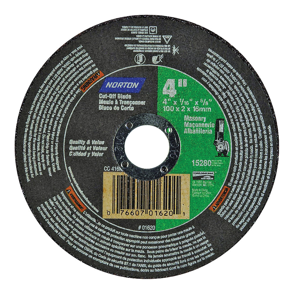 NORTON 07660701620 Cut-Off Wheel, 4 in Dia, 1/16 in Thick, 5/8 in Arbor, 30 Grit, Silicone Carbide Abrasive