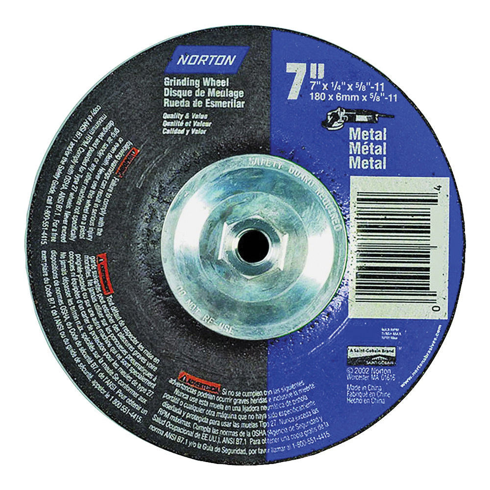 NORTON 076607759405 Grinding Wheel, 7 in Dia, 1/4 in Thick, 5/8-11 in Arbor, 24 Grit, Extra Coarse