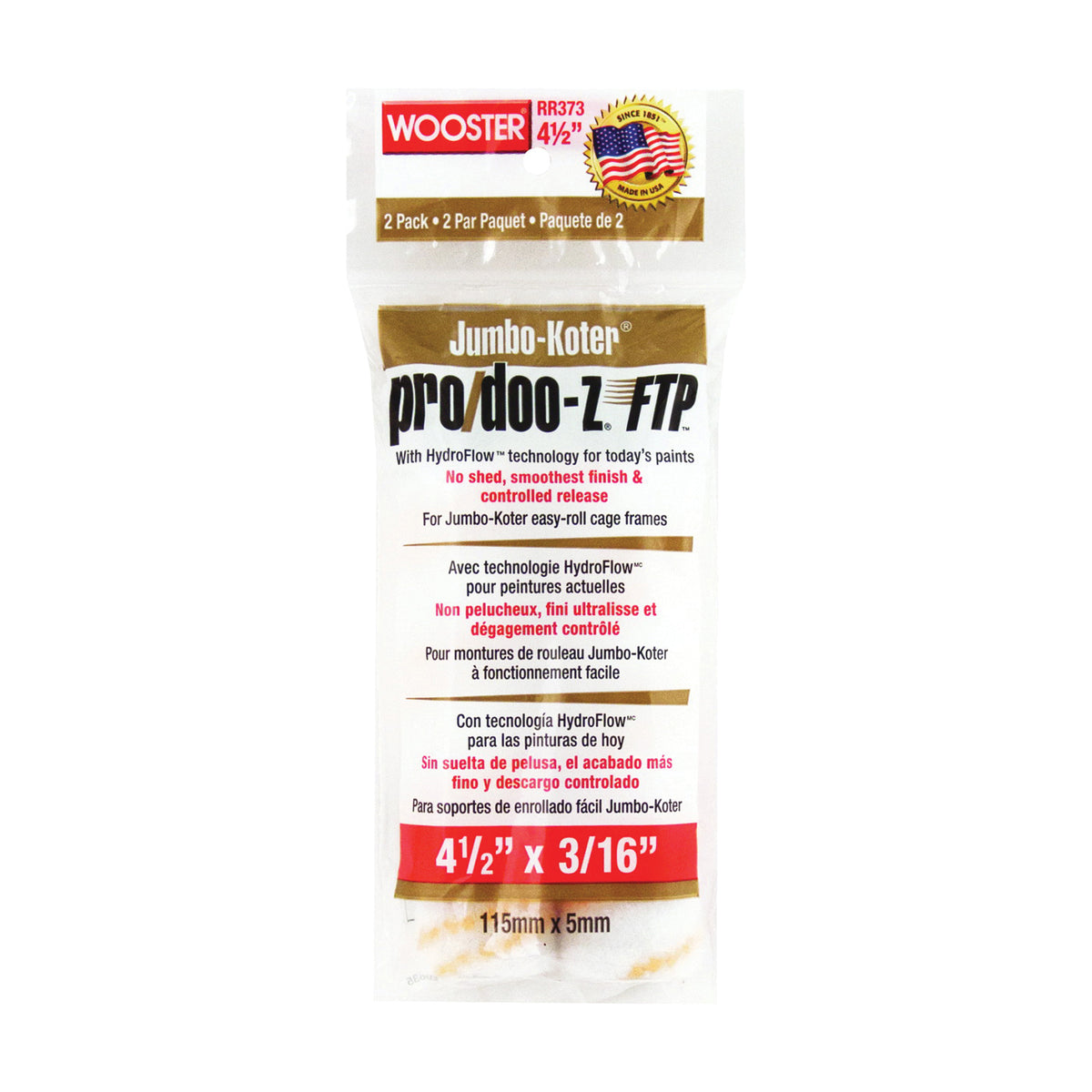 WOOSTER RR373-4 1/2 Paint Roller Cover, 3/16 in Thick Nap, 4-1/2 in L, Woven Fabric Cover, White