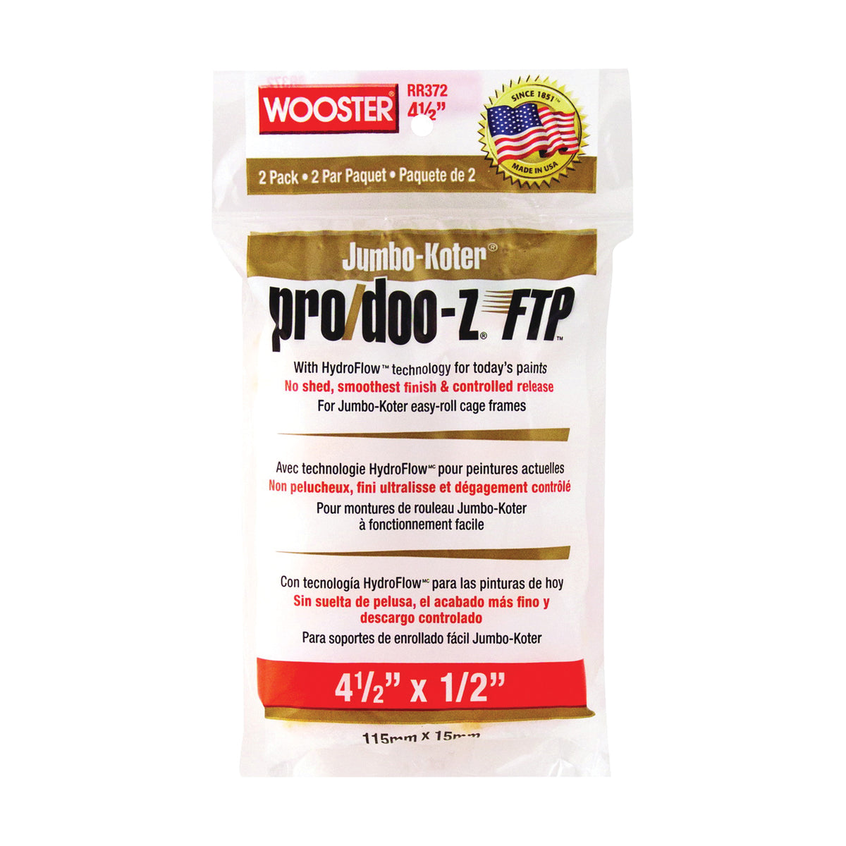 WOOSTER RR372-4 1/2 Paint Roller Cover, 1/2 in Thick Nap, 4-1/2 in L, Fabric Cover, White