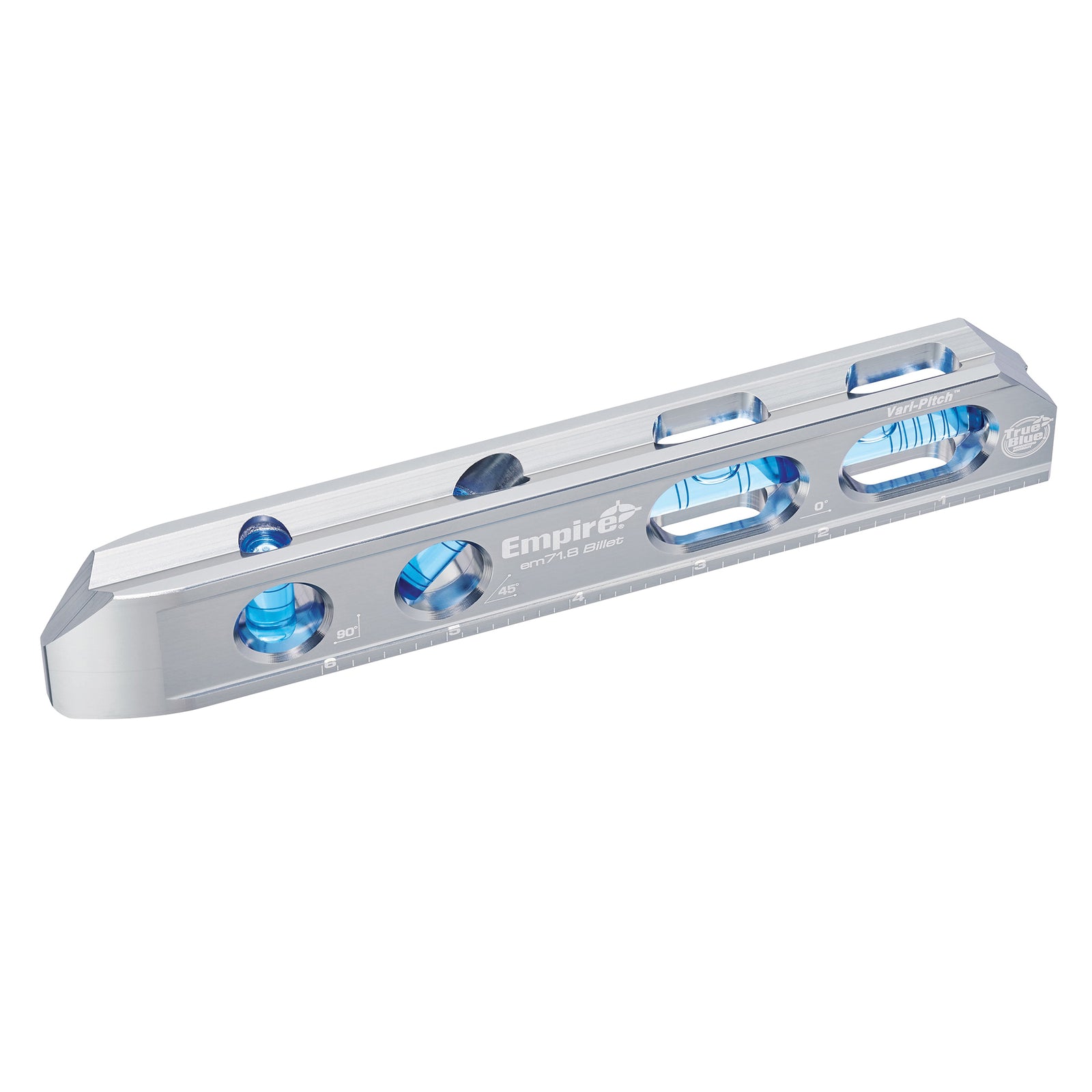 Empire True Blue Series EM71.8 Magnetic Billet Torpedo Level, 8 in L, 4-Vial, Magnetic, Aluminum, Silver