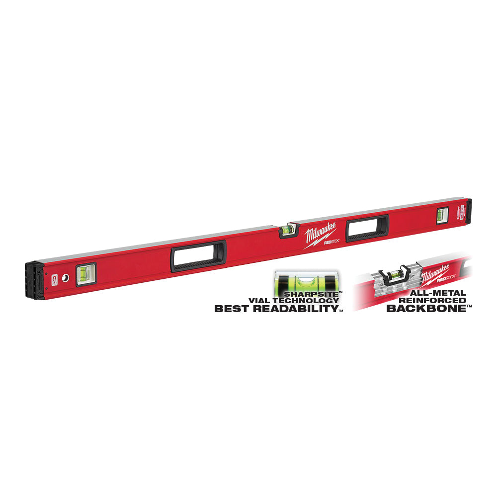 Milwaukee REDSTICK Series MLBXM48 Magnetic Box Level, 48 in L, 3-Vial, 1-Hang Hole, Magnetic, Aluminum, Red