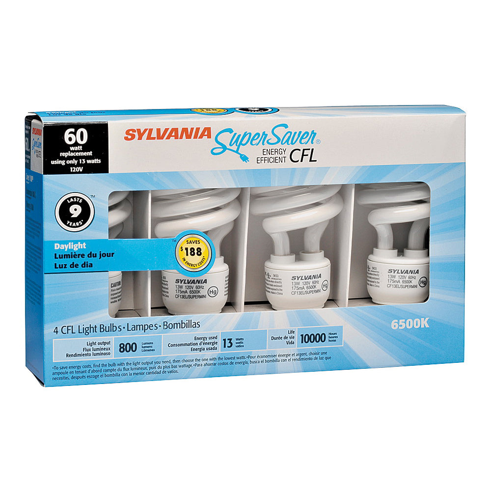 Sylvania 20016 Compact Fluorescent Bulb, 13 W, Spiral Lamp, Medium E26 Lamp Base, 800 Lumens, 6500 K Color Temp