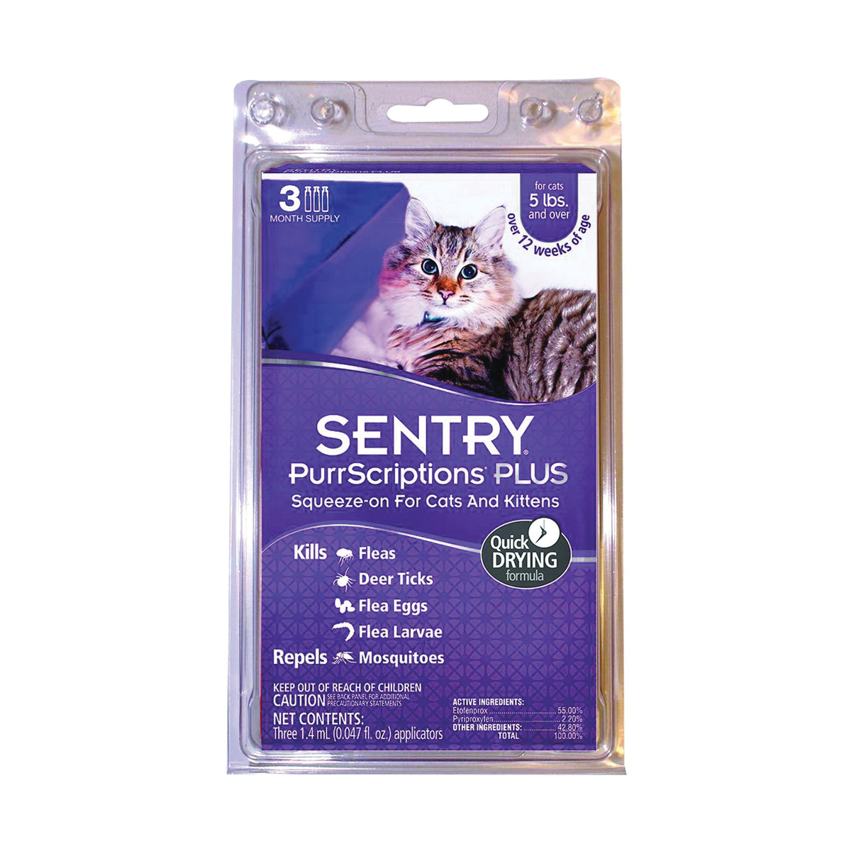SENTRY PurrScriptions Plus 01981 Flea and Tick Squeeze-On, Liquid, Mild Acetate, 3 Count