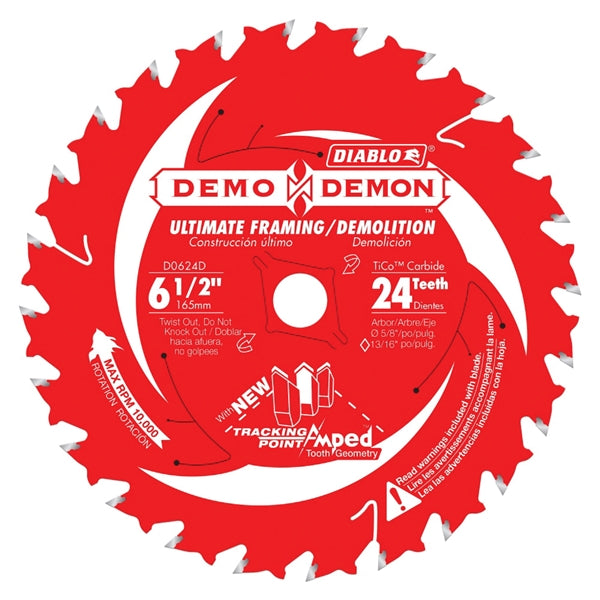 Diablo Demo Demon Amped D0624DA Circular Saw Blade, 6-1/2 in Dia, 5/8 in Arbor, 24-Teeth