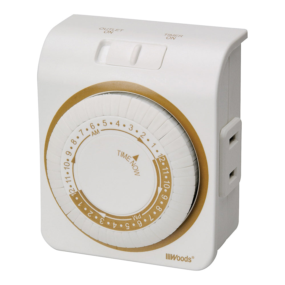 Woods 50001 Mechanical Timer, 15 A, 125 V, 1875 W, 24 hr Time Setting, 24 On/Off Cycles Per Day Cycle, White