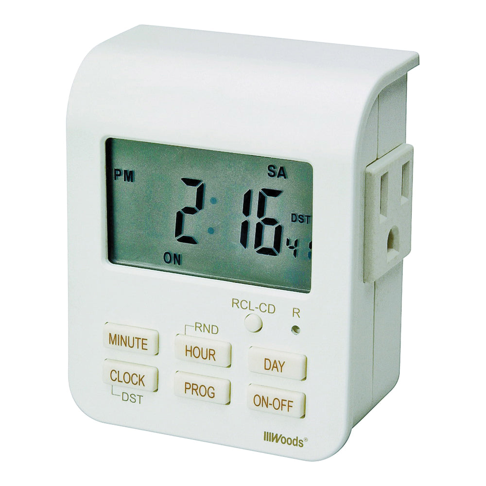 Woods 50009 Digital Timer, 15 A, 125 V, 1875 W, 3 -Outlet, 7 days Time Setting, 20 On/Off Cycles Per Day Cycle