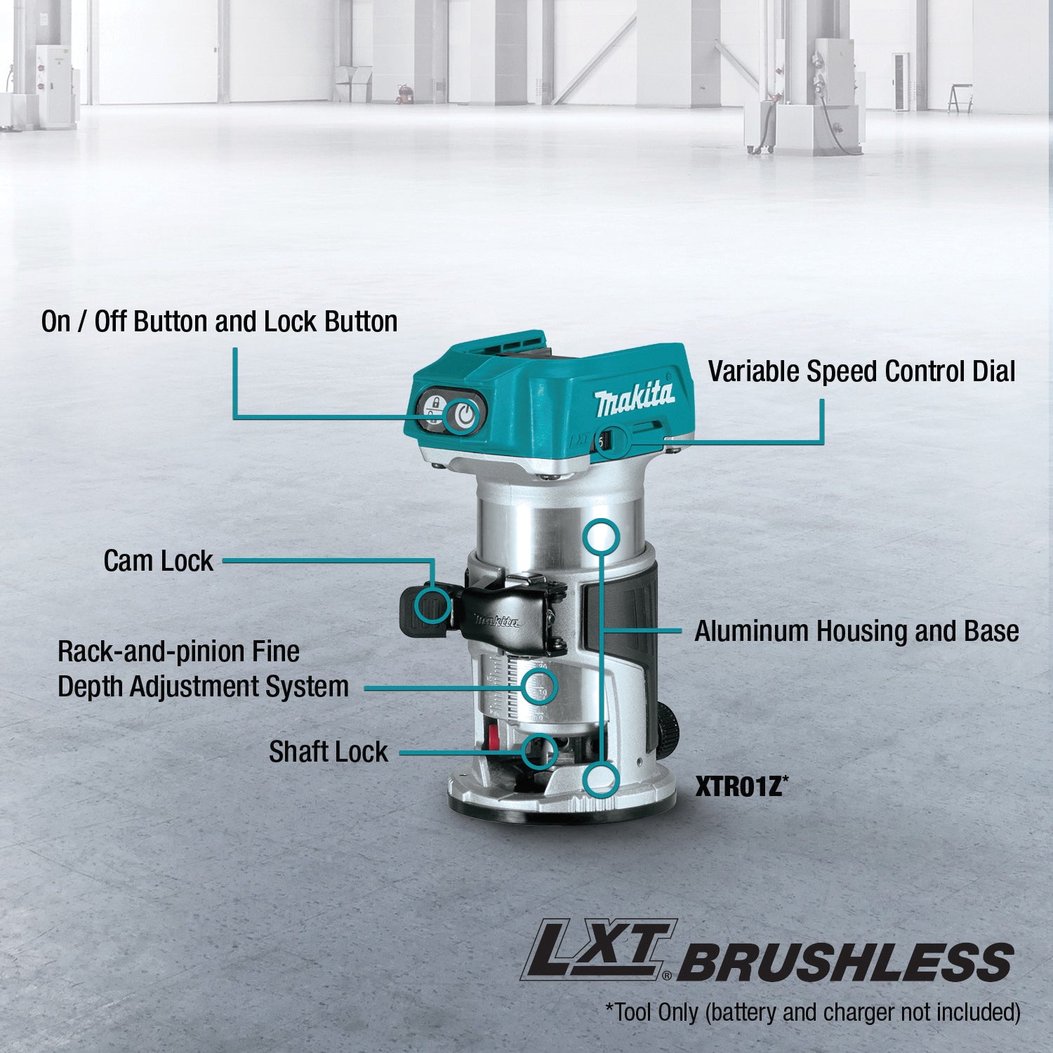 Makita XTR01Z Compact Router, 18 V, 10,000 to 30,000 rpm Spindle