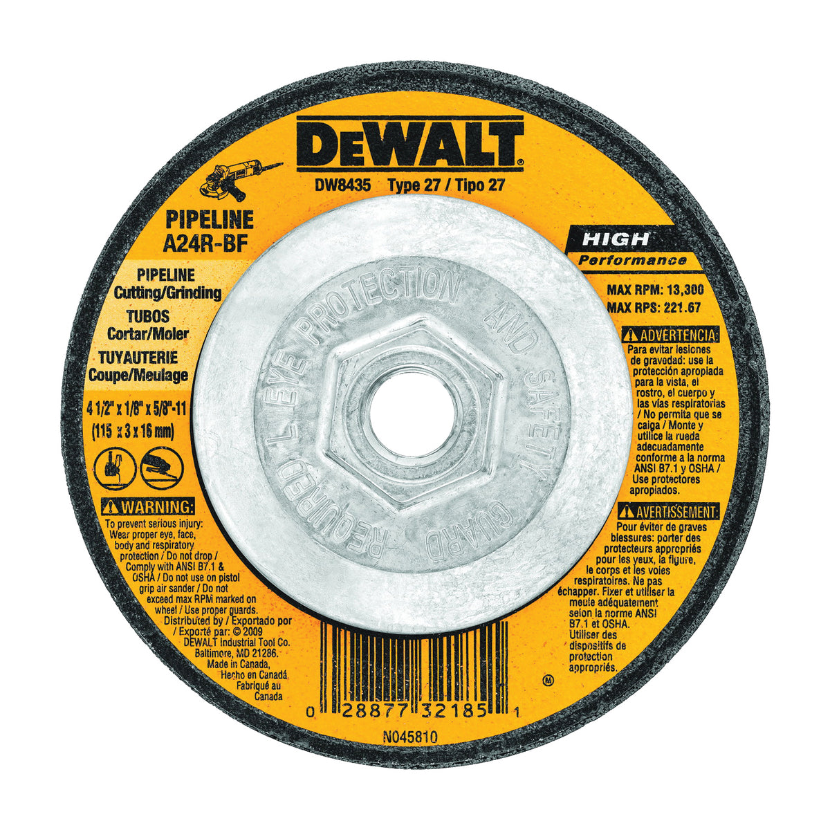 DeWALT DW8435 Grinding Wheel, 4-1/2 in Dia, 1/8 in Thick, 5/8-11 in Arbor, 24 Grit, Very Coarse