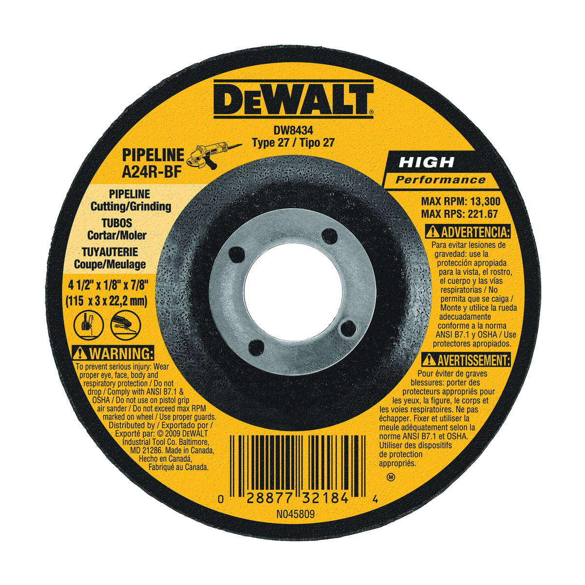 DeWALT DW8434 Grinding Wheel, 4-1/2 in Dia, 1/8 in Thick, 5/8 in Arbor, 24 Grit, Very Coarse