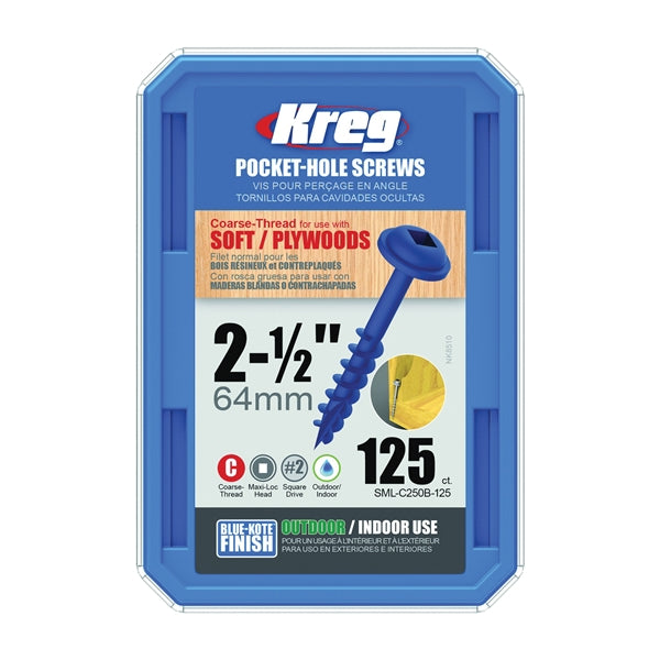 Kreg Blue-Kote SML-C250B-125 Pocket-Hole Screw, #8 Thread, Coarse Thread, Maxi-Loc Head, Square Drive, Carbon Steel