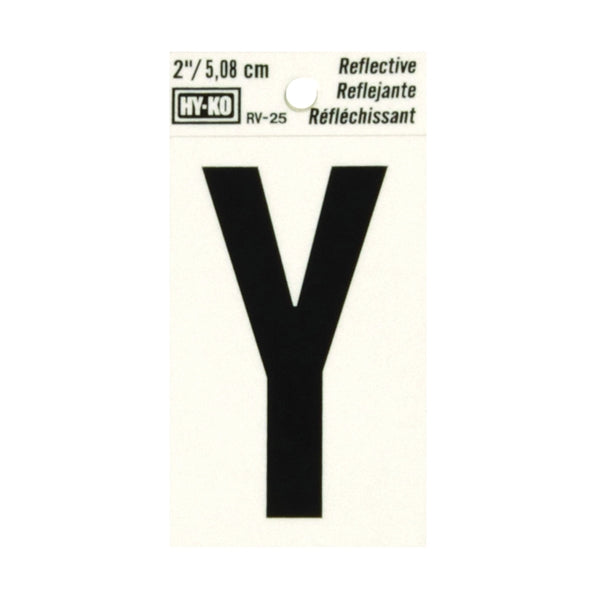 HY-KO RV-25/Y Reflective Letter, Character: Y, 2 in H Character, Black Character, Silver Background, Vinyl