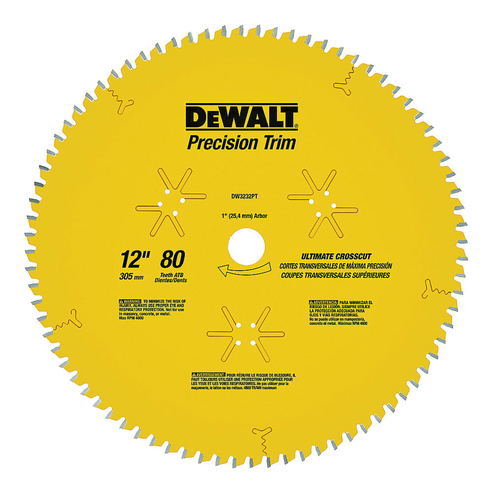 DeWALT Precision Trim DW3232PT Saw Blade, 12 in Dia, 1 in Arbor, 80-Teeth, Carbide Cutting Edge