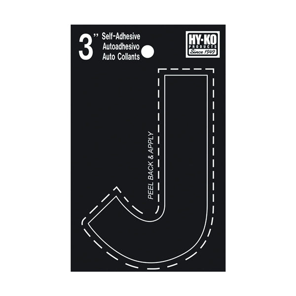 HY-KO 30400 Series 30420 Die-Cut Letter, Character: J, 3 in H Character, Black Character, Vinyl
