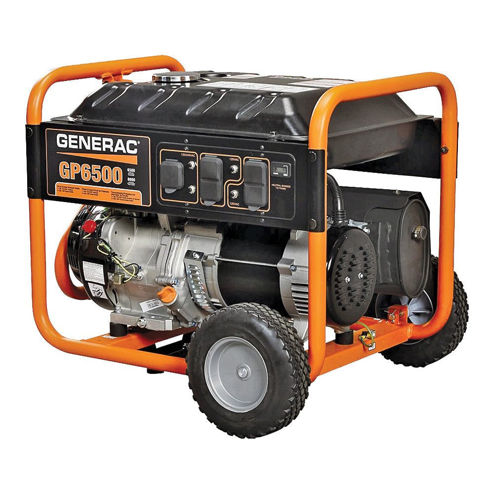 GENERAC GP 5940 Portable Generator, 67.8/33.9 A, 120/240 VAC, 8125 W Output, Gasoline, 7.2 gal Tank, Pull Start