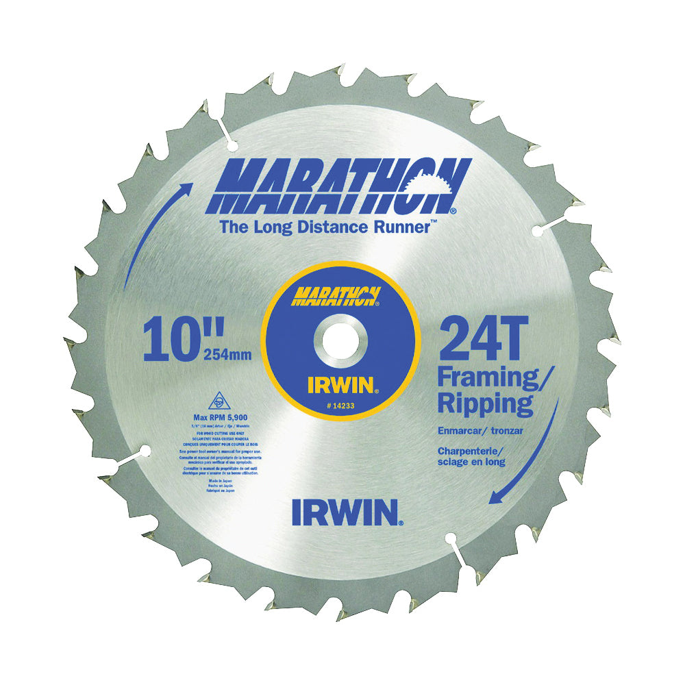 IRWIN MARATHON 14233 Table Saw Blade, 10 in Dia, 5/8 in Arbor, 24-Teeth, Carbide Cutting Edge