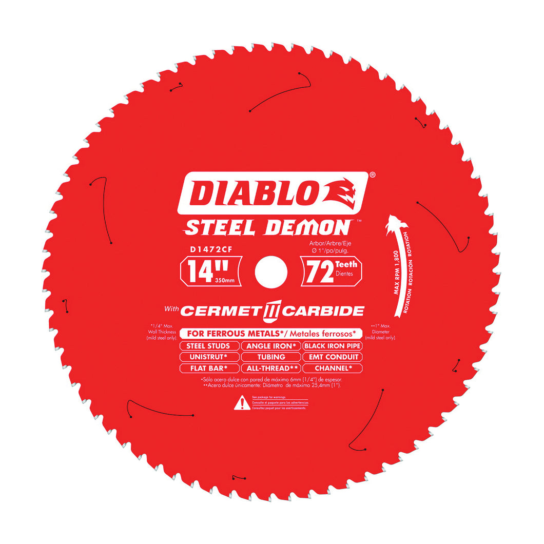 Diablo D1472CF Circular Saw Blade, 14 in Dia, 1 in Arbor, 72-Teeth, Cermet Cutting Edge