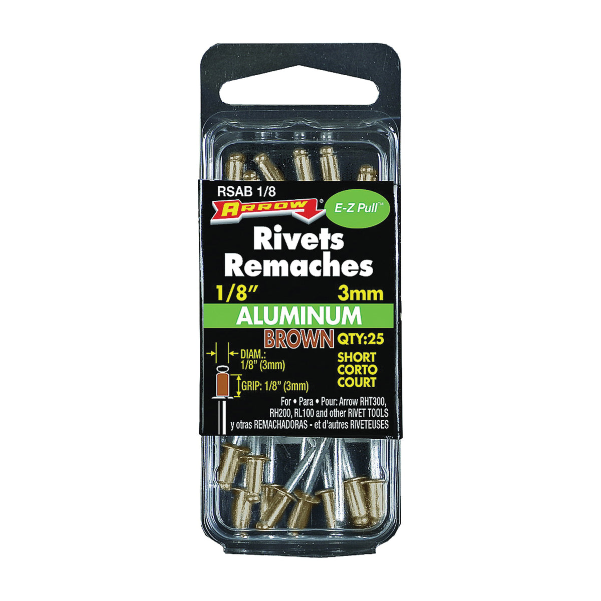 Arrow RSAB1/8 Pop Rivet, Short, 1/8 in L, Aluminum