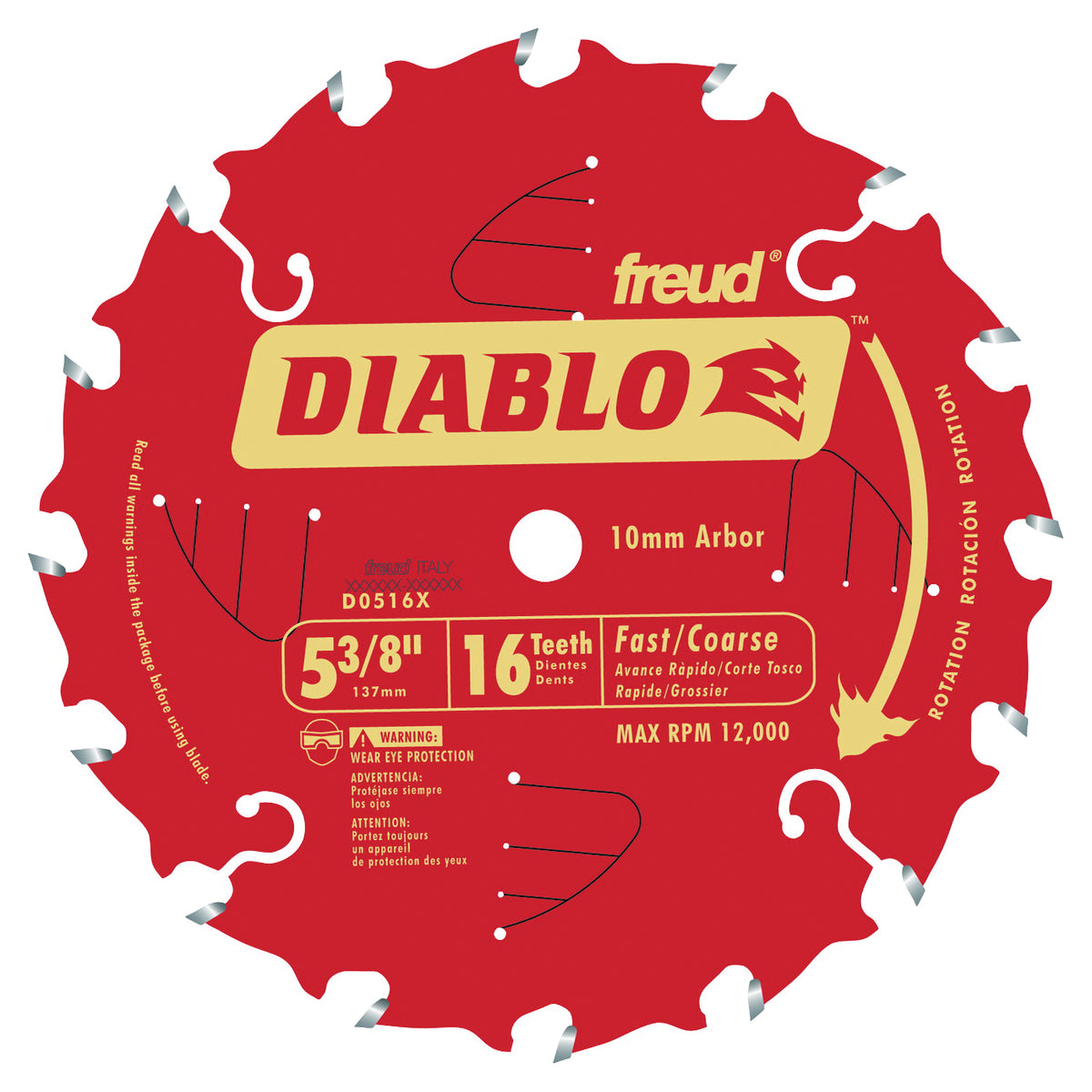 Diablo D0516X Circular Saw Blade, 5-3/8 in Dia, 0.393 in Arbor, 16-Teeth, Carbide Cutting Edge