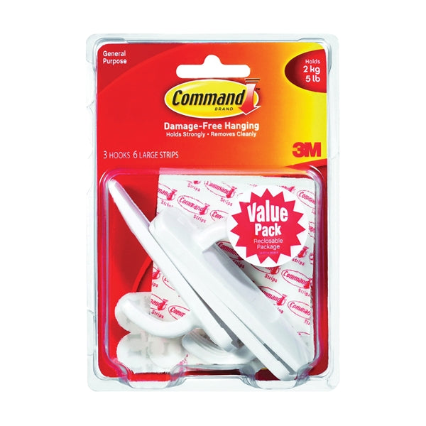Command 17003-VP-3PK Utility Hook, 7/8 in Opening, 5 lb, 3-Hook, Plastic, White