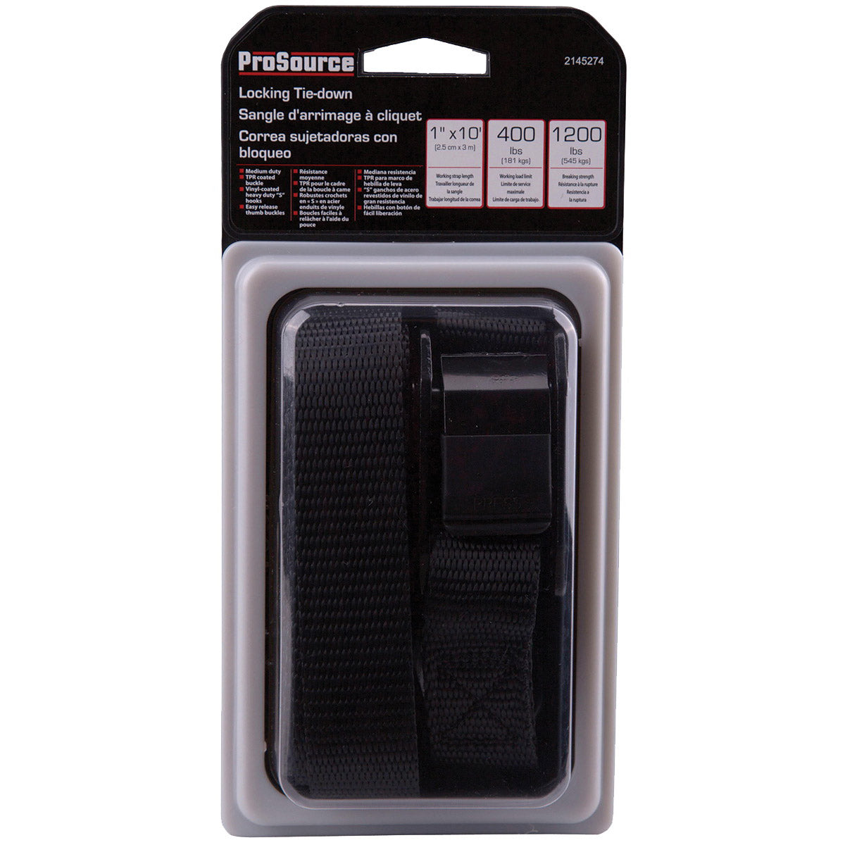 ProSource RT45481 Tie-Down, 1 in W, 10 ft L, Polyester Webbing, Metal Buckle, Black, 400 lb, S-Hook End Fitting