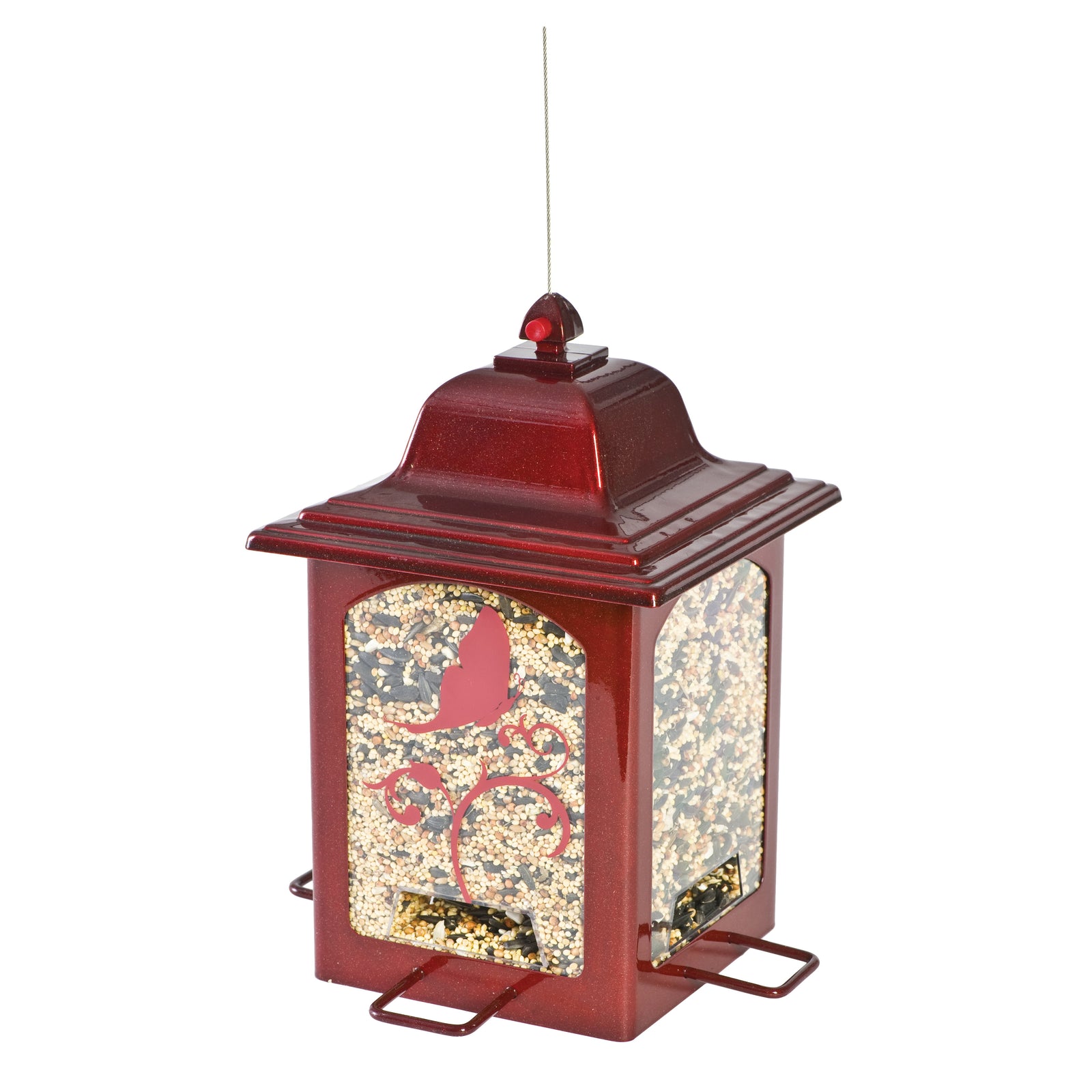 Perky-Pet 363R Lantern Bird Feeder, Screen-Printed Butterfly, 3 lb, 4 -Port/Perch, Red, 10-1/4 in H