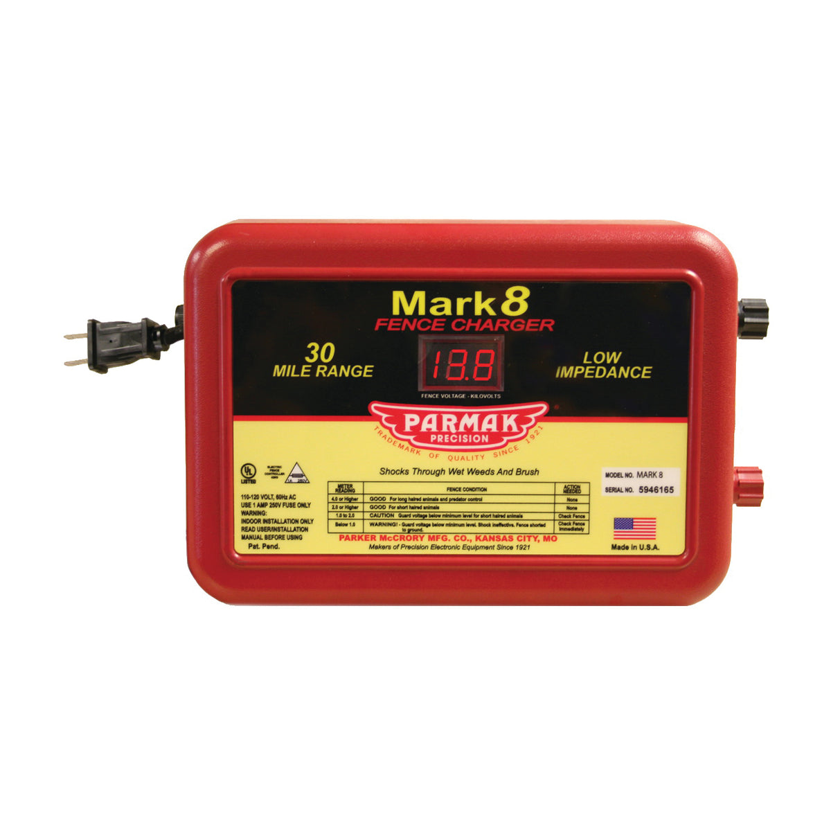 Parmak MARK 8/7 Electric Fence Charger, 1.1 to 4.9 J Output Energy, 110/120 V