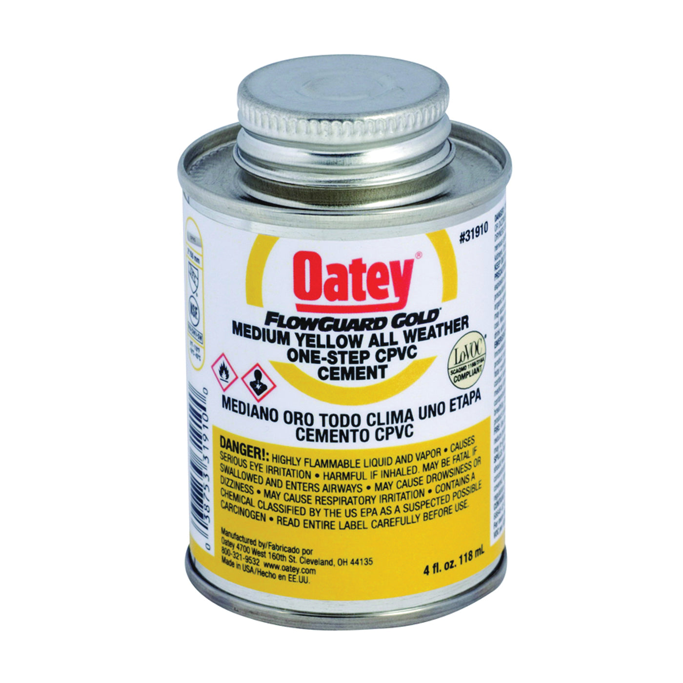 Oatey 31910 Solvent Cement, 4 oz Can, Liquid, Yellow
