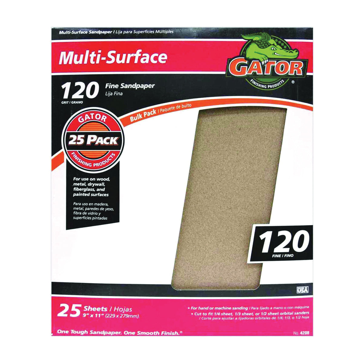 Gator 3263 Sanding Sheet, 11 in L, 9 in W, 120 Grit, Fine, Aluminum Oxide Abrasive