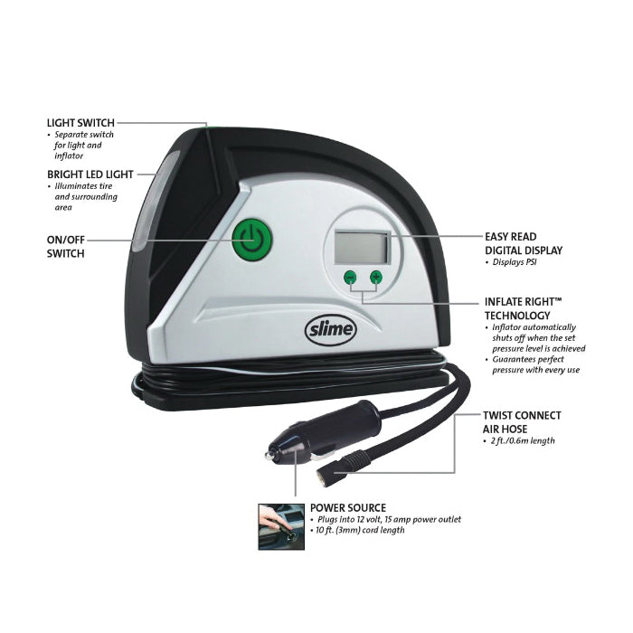 Slime 40051 Digital Tire Inflator, 12 V, 0 to 99 psi Pressure, Plastic