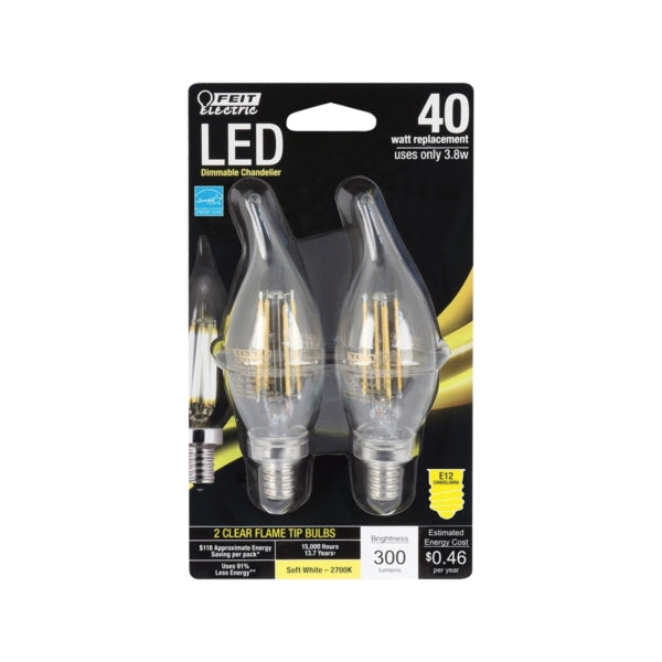 Feit Electric BPCFC40/827/LED/2 LED Lamp, Decorative, Flame Tip Lamp, 40 W Equivalent, E12 Lamp Base, Dimmable, Clear