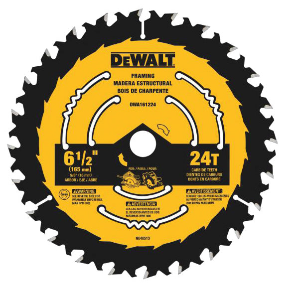 DeWALT DWA161224 Circular Saw Blade, 6-1/2 in Dia, 5/8 in Arbor, 24-Teeth, Tungsten Carbide Cutting Edge